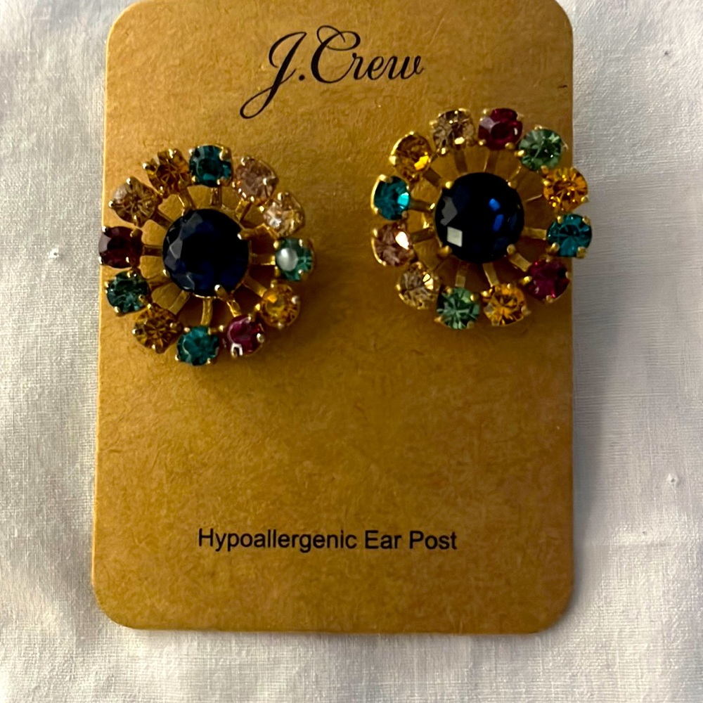 J Crew pierced earrings , flower with multi color rhinestones.